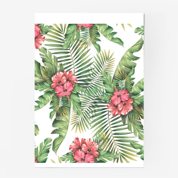 Постер «Тропические пальмовые листья и цветы гибискуса. Акварельный паттерн»