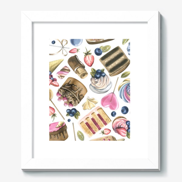 Картина «Сладости. Торты, пирожное, леденцы, ягоды. Акварельный паттерн.»