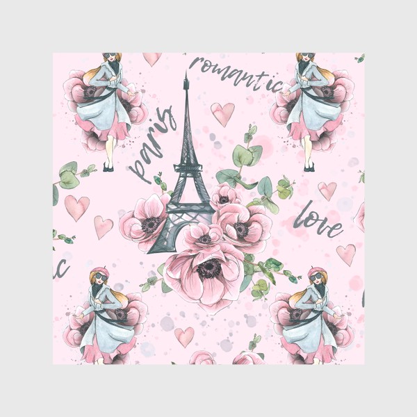 Скатерть &laquo;Эйфелева башня, цветы анемоны, парижанка, Париж. Акварельный паттерн.&raquo;