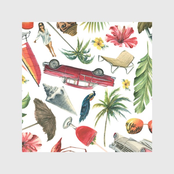 Шторы &laquo;Куба, пляжный отдых, тропический паттерн. Ретро машины, пальмы, розовый фламинго. Акварельный.&raquo;
