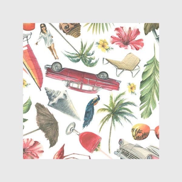 Скатерть &laquo;Куба, пляжный отдых, тропический паттерн. Ретро машины, пальмы, розовый фламинго. Акварельный.&raquo;