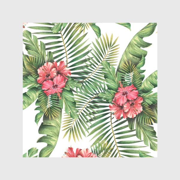 Шторы &laquo;Тропические пальмовые листья и цветы гибискуса. Акварельный паттерн&raquo;