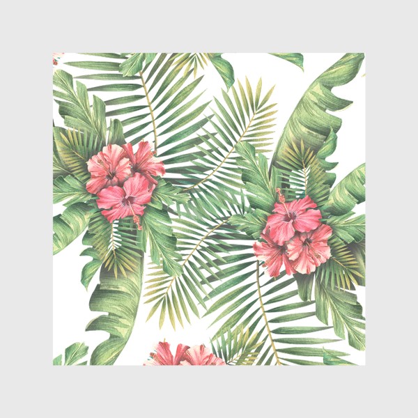 Скатерть «Тропические пальмовые листья и цветы гибискуса. Акварельный паттерн»