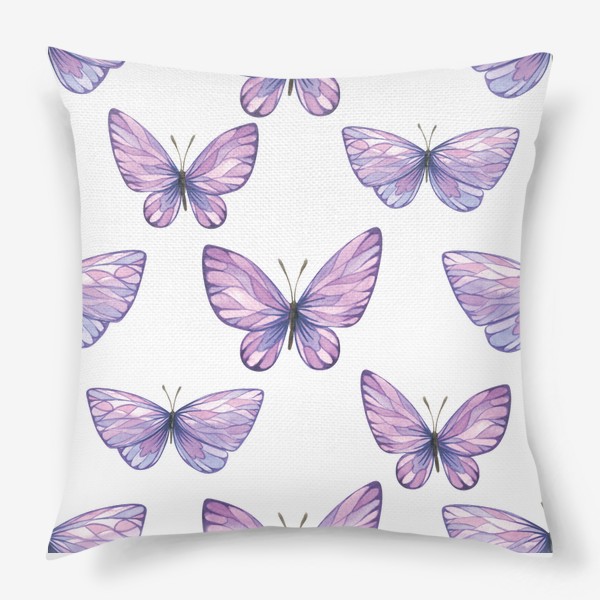 Подушка «Фиолетовые, сиреневые бабочки. Акварельный паттерн.»