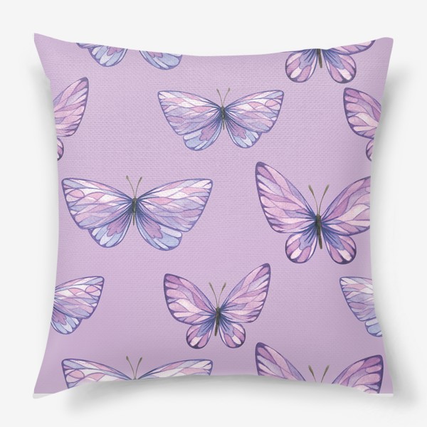 Подушка «Фиолетовые, сиреневые бабочки. Акварельный паттерн.»