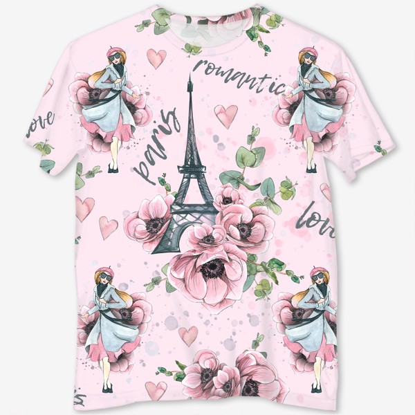 Футболка с полной запечаткой «Эйфелева башня, цветы анемоны, парижанка, Париж. Акварельный паттерн.»