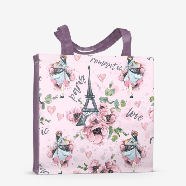 Сумка-шоппер &laquo;Эйфелева башня, цветы анемоны, парижанка, Париж. Акварельный паттерн.&raquo;