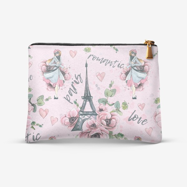 Косметичка «Эйфелева башня, цветы анемоны, парижанка, Париж. Акварельный паттерн.»