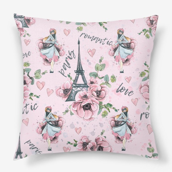 Подушка «Эйфелева башня, цветы анемоны, парижанка, Париж. Акварельный паттерн.»
