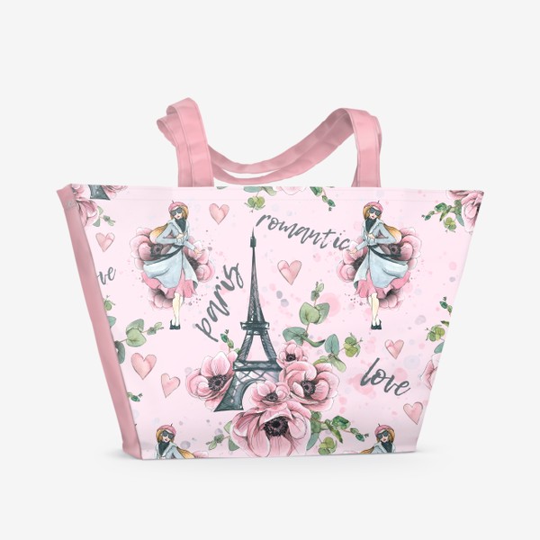 Пляжная сумка &laquo;Эйфелева башня, цветы анемоны, парижанка, Париж. Акварельный паттерн.&raquo;