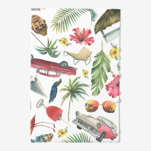 Полотенце &laquo;Куба, пляжный отдых, тропический паттерн. Ретро машины, пальмы, розовый фламинго. Акварельный.&raquo;
