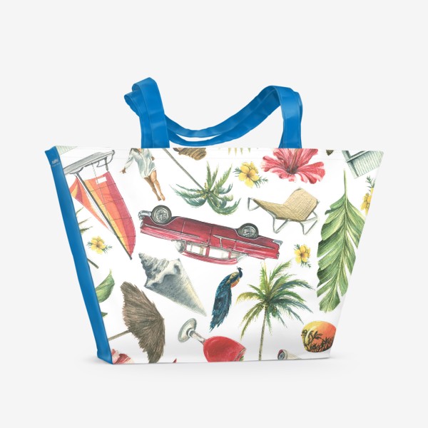 Пляжная сумка «Куба, пляжный отдых, тропический паттерн. Ретро машины, пальмы, розовый фламинго. Акварельный.»