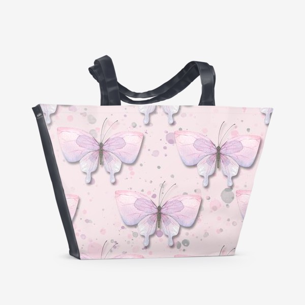 Пляжная сумка &laquo;Розовые, сиреневые бабочки. Акварельный паттерн.&raquo;