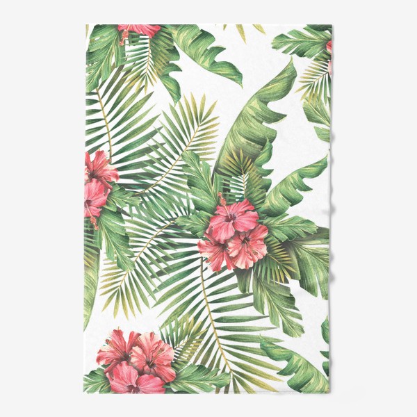 Полотенце &laquo;Тропические пальмовые листья и цветы гибискуса. Акварельный паттерн&raquo;