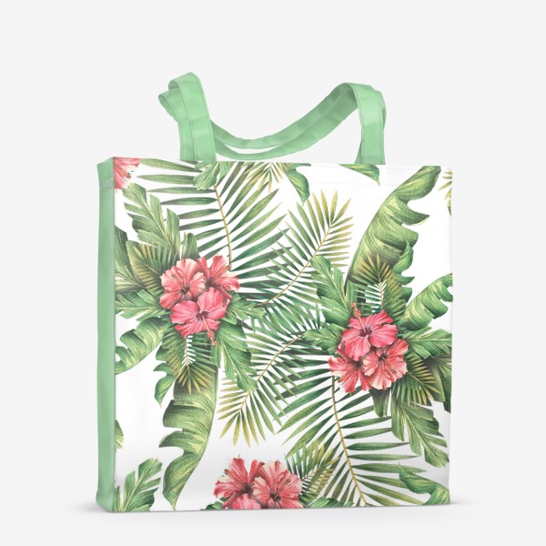 Сумка-шоппер &laquo;Тропические пальмовые листья и цветы гибискуса. Акварельный паттерн&raquo;