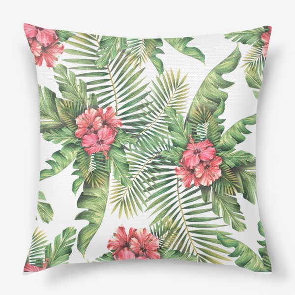 Подушка «Тропические пальмовые листья и цветы гибискуса. Акварельный паттерн»