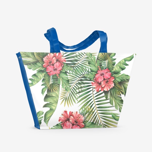 Пляжная сумка «Тропические пальмовые листья и цветы гибискуса. Акварельный паттерн»