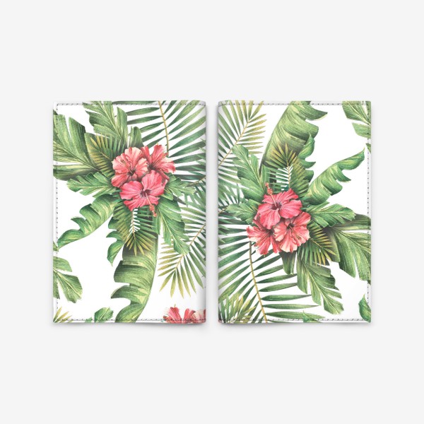 Обложка для паспорта «Тропические пальмовые листья и цветы гибискуса. Акварельный паттерн»