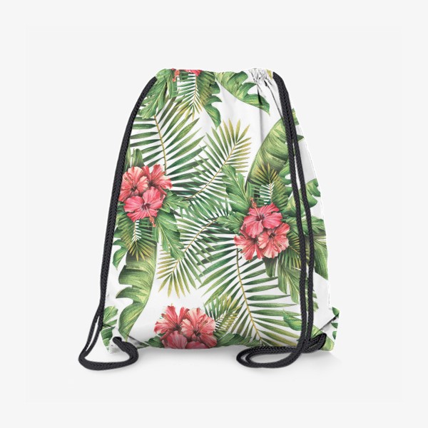 Рюкзак &laquo;Тропические пальмовые листья и цветы гибискуса. Акварельный паттерн&raquo;