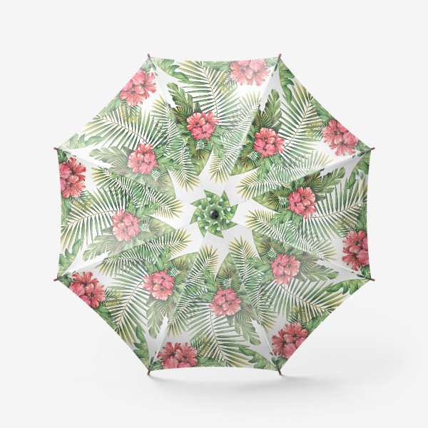 Зонт &laquo;Тропические пальмовые листья и цветы гибискуса. Акварельный паттерн&raquo;