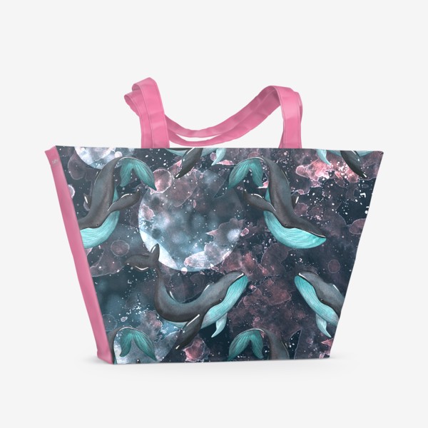 Пляжная сумка «Киты в космосе с луной и звездами. Акварельный паттерн.»