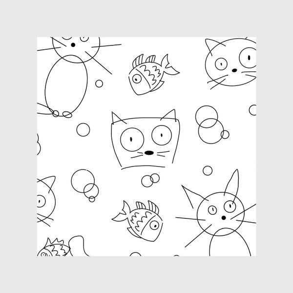 Шторы «Смешные коты и рыбки (кот, котэ, котик, смешной кот, чб, черно-белое)»