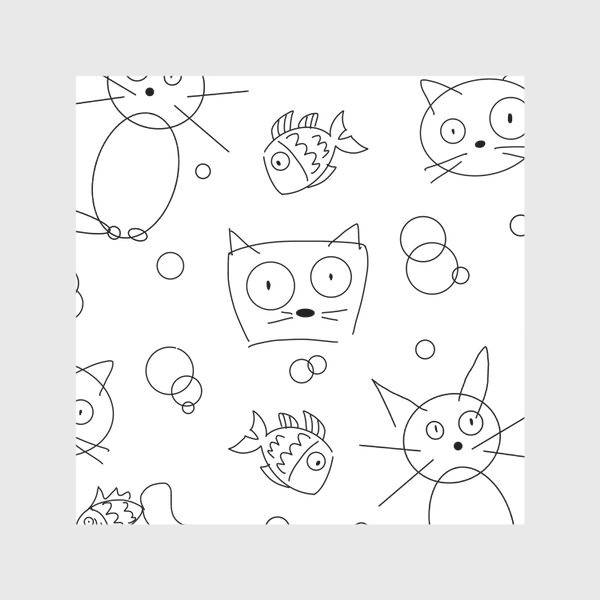 Скатерть «Смешные коты и рыбки (кот, котэ, котик, смешной кот, чб, черно-белое)»