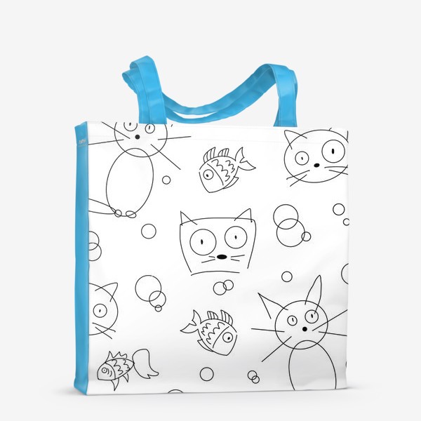 Сумка-шоппер «Смешные коты и рыбки (кот, котэ, котик, смешной кот, чб, черно-белое)»