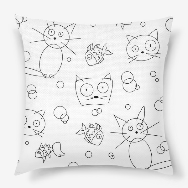 Подушка «Смешные коты и рыбки (кот, котэ, котик, смешной кот, чб, черно-белое)»