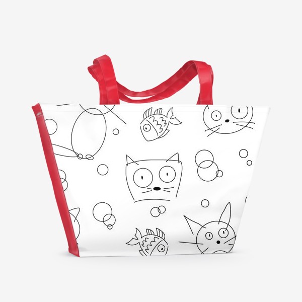Пляжная сумка «Смешные коты и рыбки (кот, котэ, котик, смешной кот, чб, черно-белое)»
