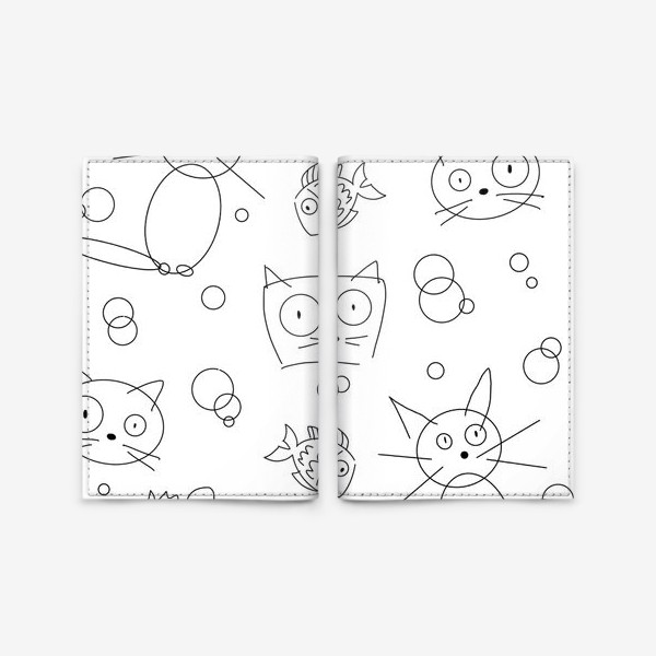 Обложка для паспорта «Смешные коты и рыбки (кот, котэ, котик, смешной кот, чб, черно-белое)»