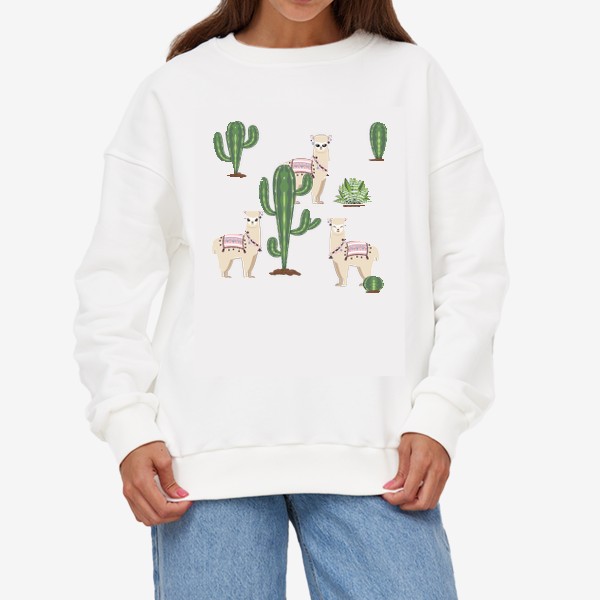 Свитшот «Три альпака среди кактусов»