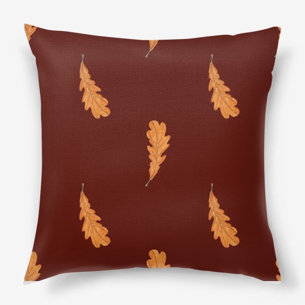 Подушка &laquo;Дубовые акварельные листья на темно-коричневом, паттерн&raquo;