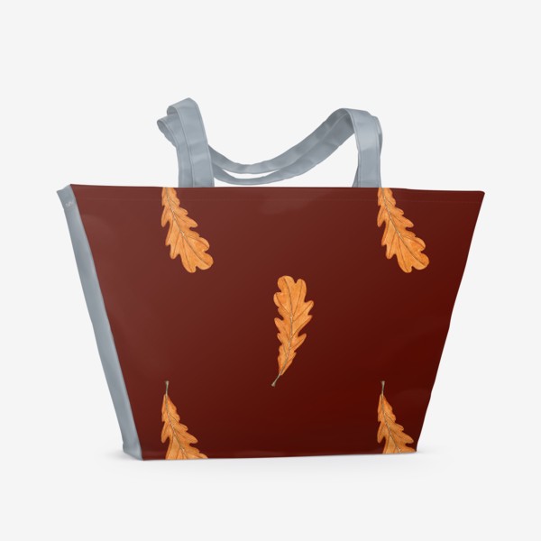 Пляжная сумка «Дубовые акварельные листья на темно-коричневом, паттерн»