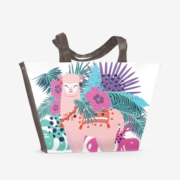 Пляжная сумка &laquo;Розовая альпака среди гибискусов&raquo;