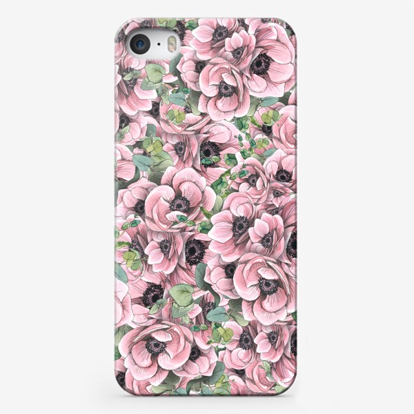 Чехол iPhone «Цветы розовые анемоны с эвкалиптом. Акварель, графика, паттерн.»