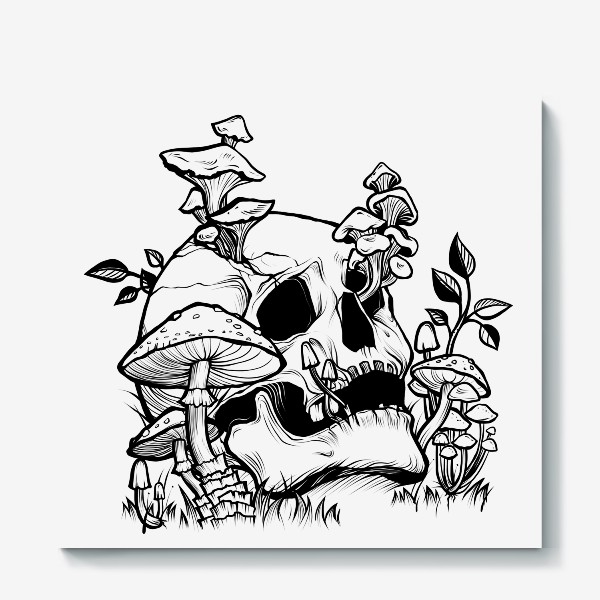 Холст «Череп и грибы, черный брутальный принт в стиле тату»