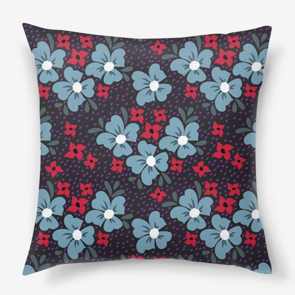 Подушка «Синие и красные небрежные цветы. Темный цветочный дизайн.»