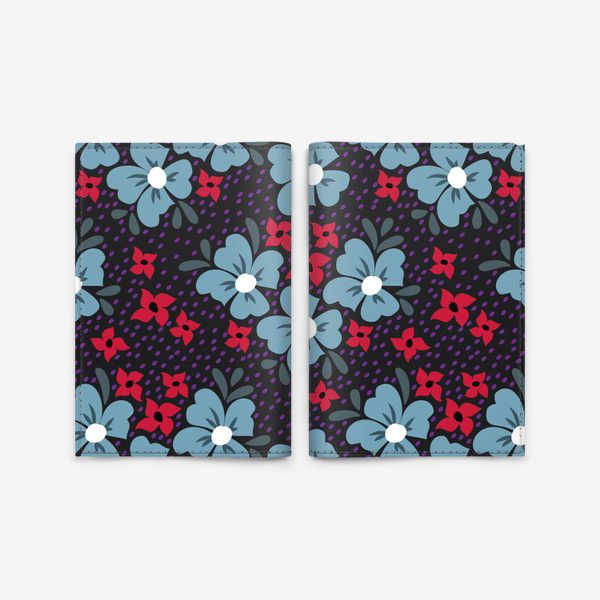 Обложка для паспорта &laquo;Синие и красные небрежные цветы. Темный цветочный дизайн.&raquo;