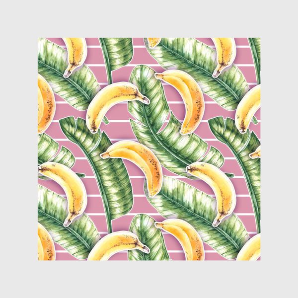 Шторы «Бананы, пальмовые листья, розовые полоски»