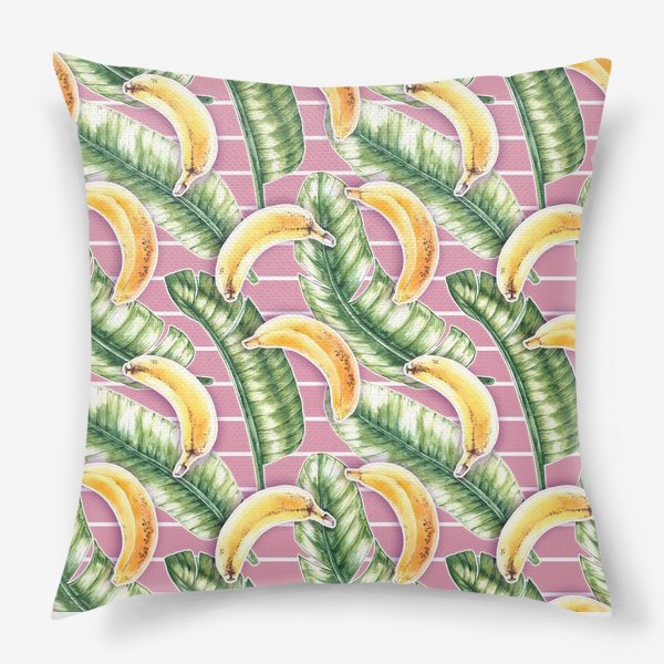 Подушка «Бананы, пальмовые листья, розовые полоски»