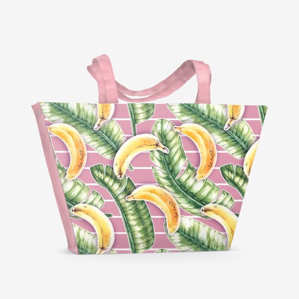 Пляжная сумка «Бананы, пальмовые листья, розовые полоски»