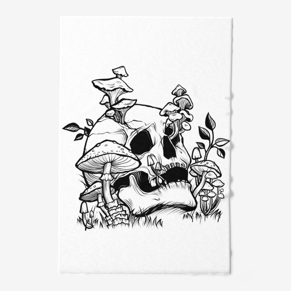 Полотенце «Череп и грибы, черный брутальный принт в стиле тату»