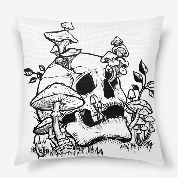 Подушка «Череп и грибы, черный брутальный принт в стиле тату»