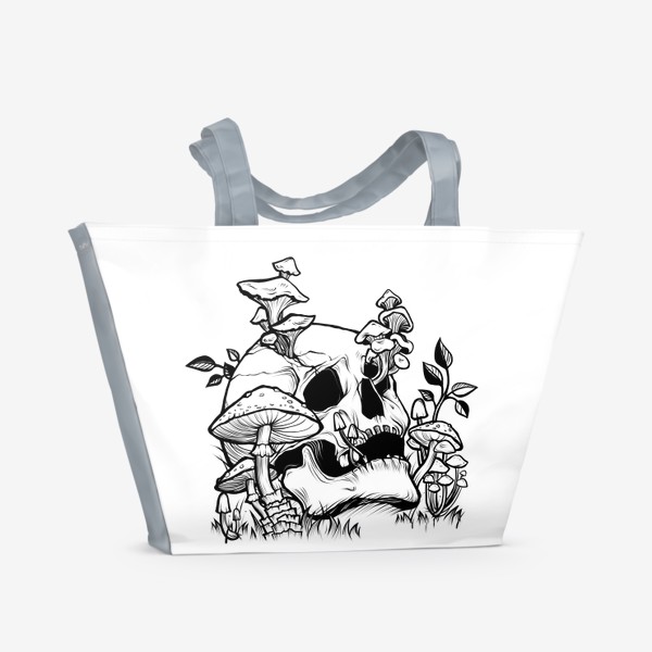 Пляжная сумка «Череп и грибы, черный брутальный принт в стиле тату»