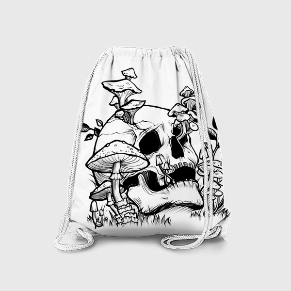Рюкзак «Череп и грибы, черный брутальный принт в стиле тату»