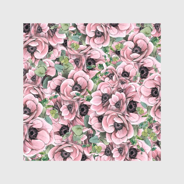Шторы &laquo;Цветы розовые анемоны с эвкалиптом. Акварель, графика, паттерн.&raquo;