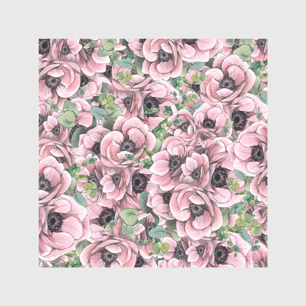 Скатерть «Цветы розовые анемоны с эвкалиптом. Акварель, графика, паттерн.»