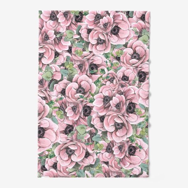 Полотенце «Цветы розовые анемоны с эвкалиптом. Акварель, графика, паттерн.»