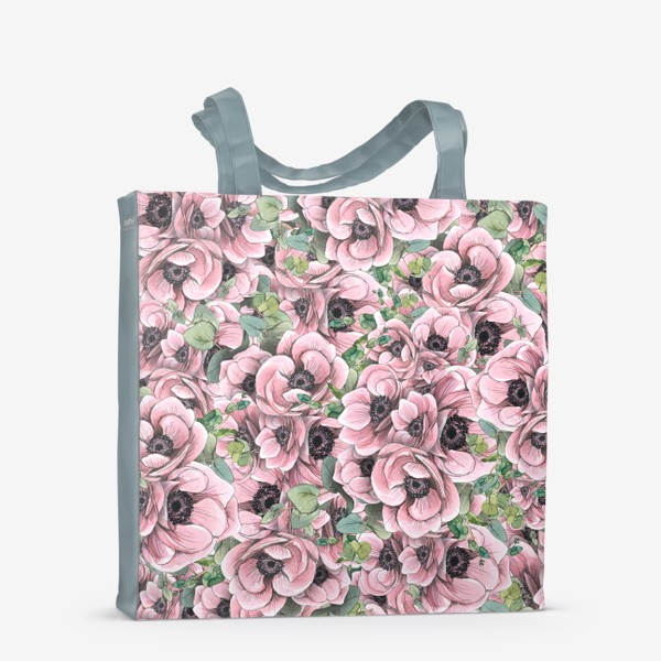 Сумка-шоппер &laquo;Цветы розовые анемоны с эвкалиптом. Акварель, графика, паттерн.&raquo;